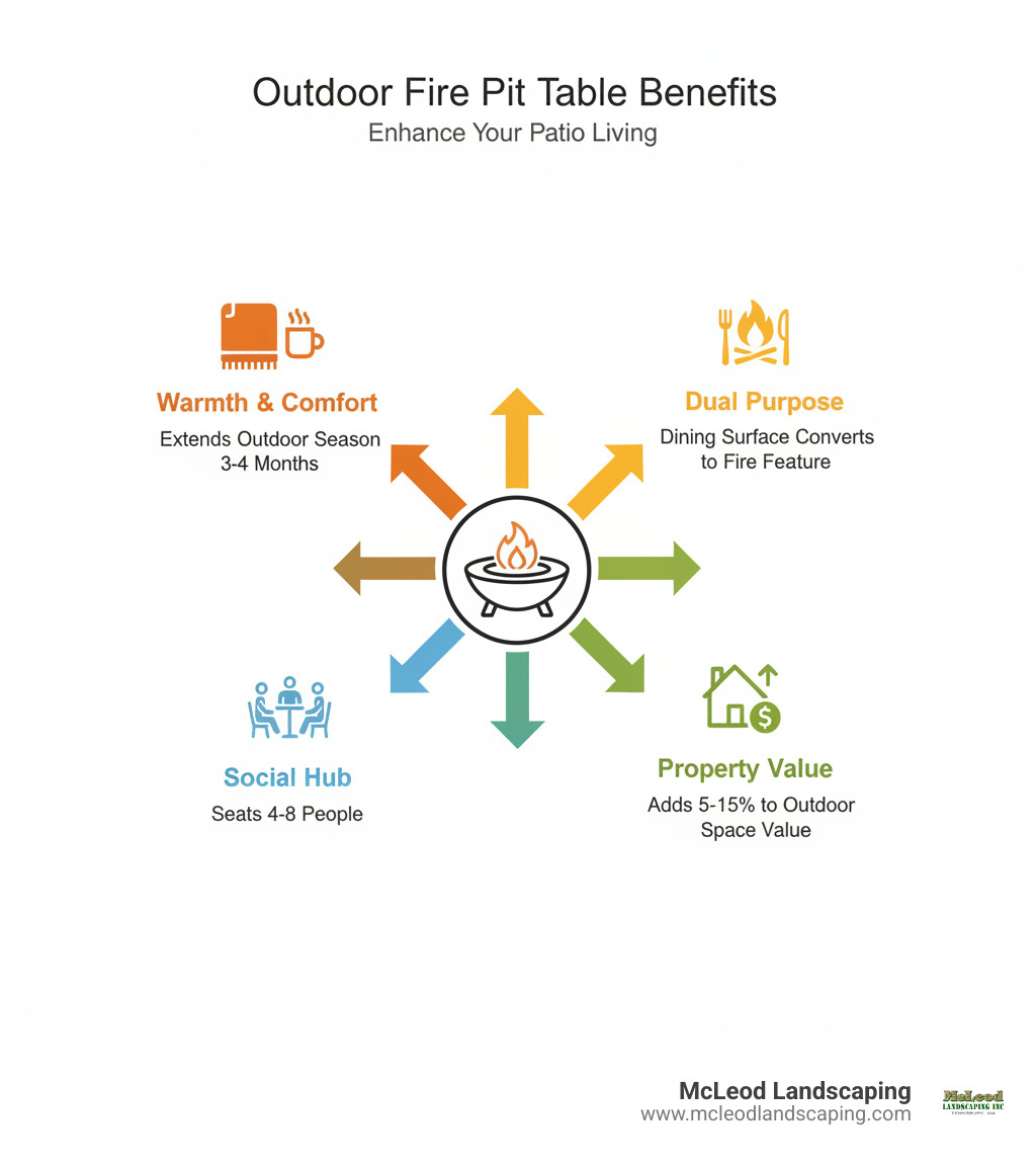 Infographic showing outdoor table with firepit benefits: center shows a fire pit table icon, with four arrows pointing to key benefits - "Warmth & Comfort" (extends outdoor season 3-4 months), "Dual Purpose" (dining surface converts to fire feature), "Social Hub" (seats 4-8 people), and "Property Value" (adds 5-15% to outdoor space value) - outdoor table with firepit infographic 