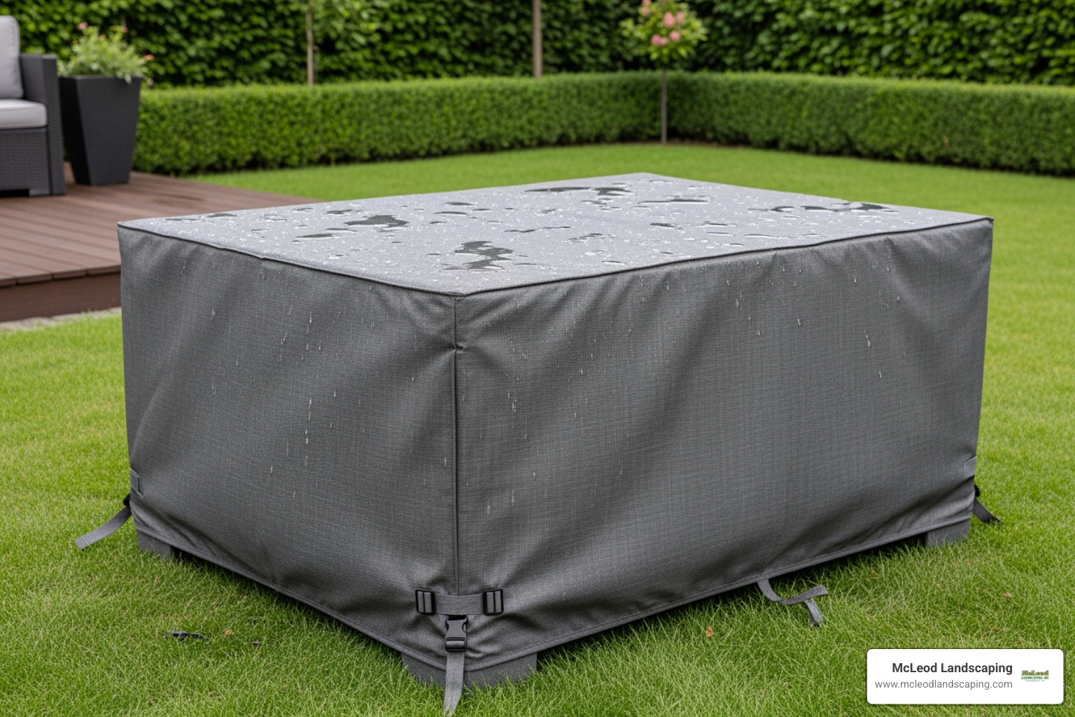 high-quality weatherproof cover on a fire pit table - outdoor table with firepit