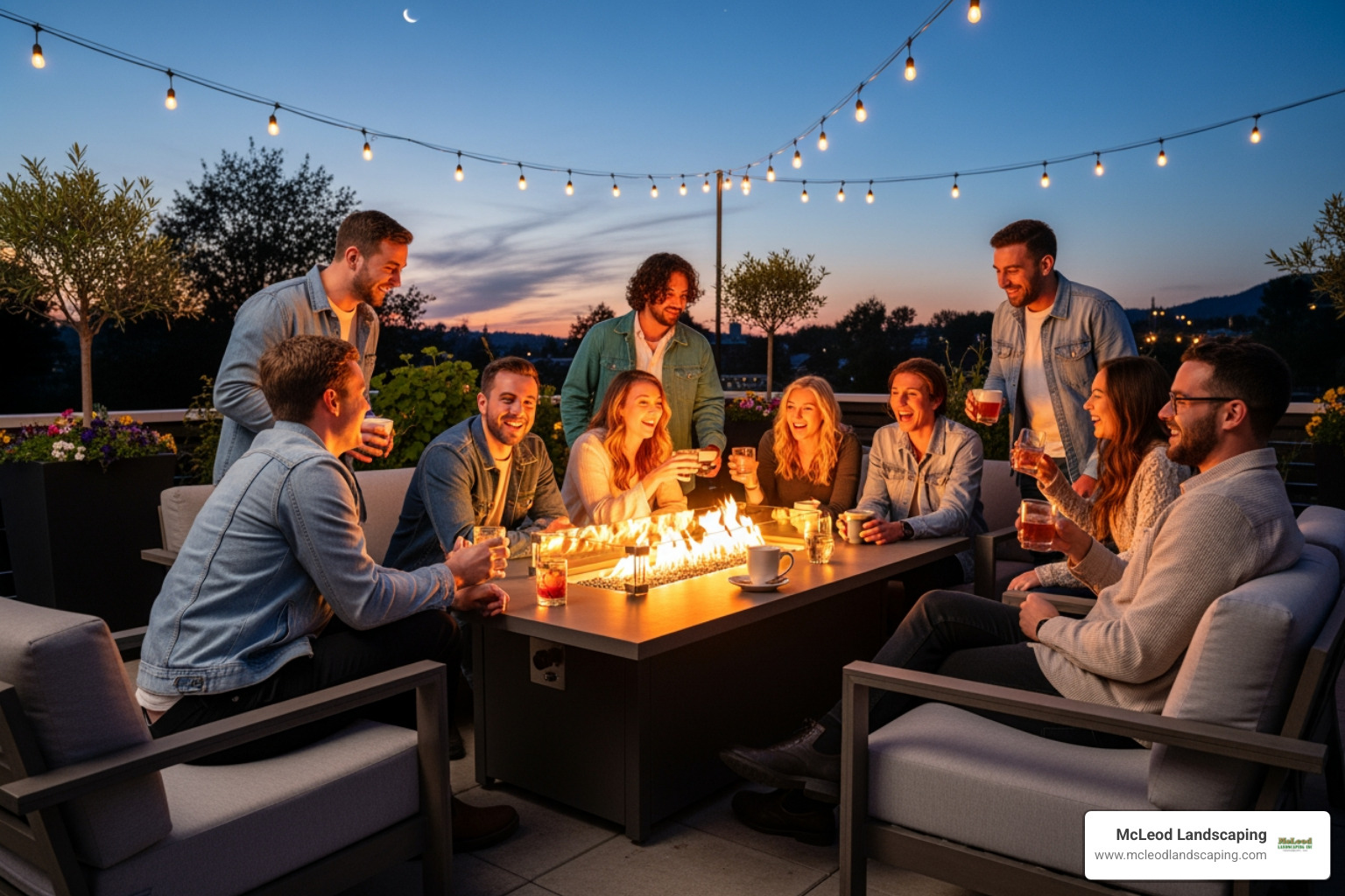friends enjoying drinks around a rectangular fire pit table at dusk - outdoor table with firepit