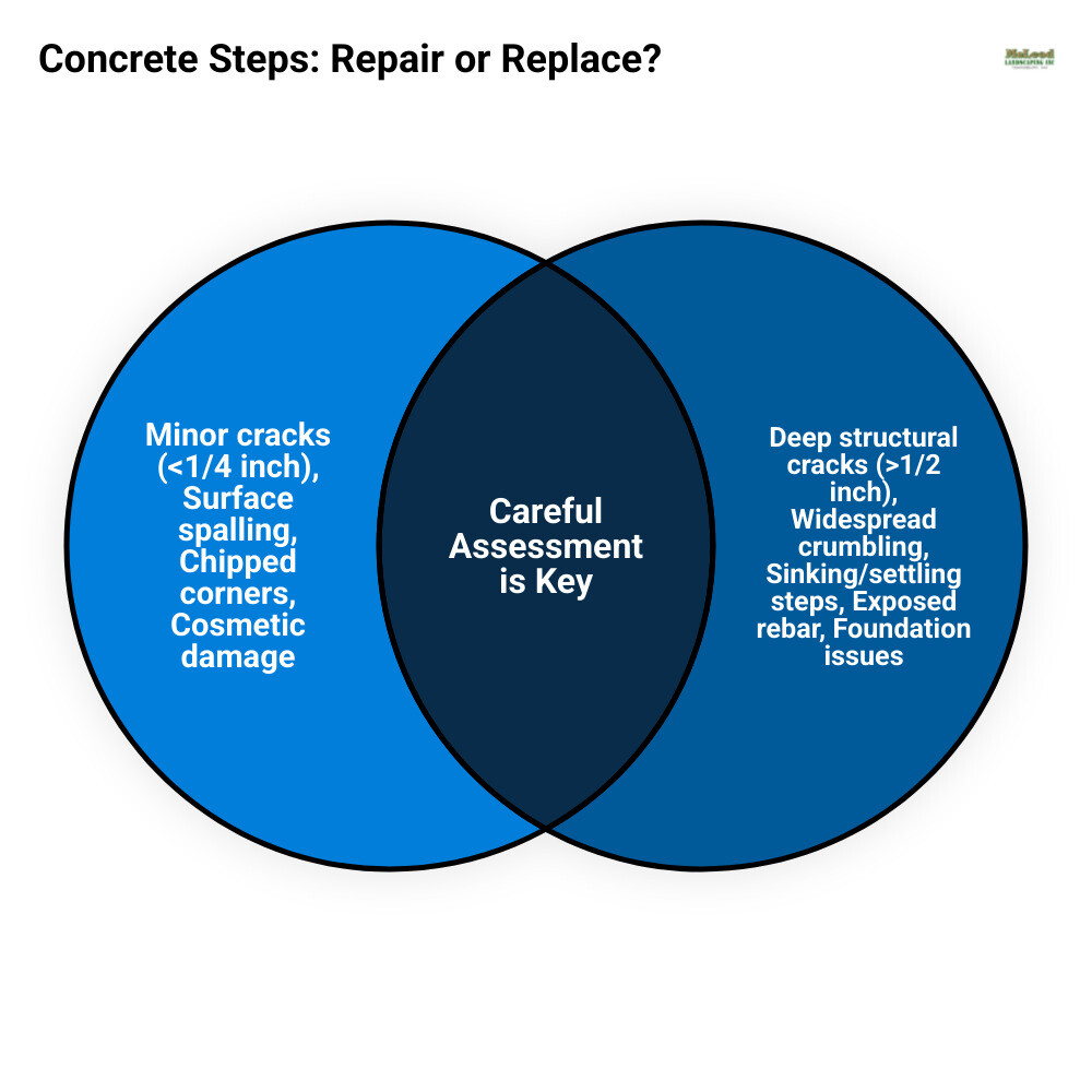 Infographic showing common signs of concrete step damage requiring repair (minor cracks under 1/4 inch, surface spalling, chipped corners, cosmetic damage) versus signs requiring replacement (deep structural cracks over 1/2 inch, widespread crumbling, sinking or settling steps, severe deterioration exposing rebar, foundation movement) - concrete step repair infographic venn_diagram