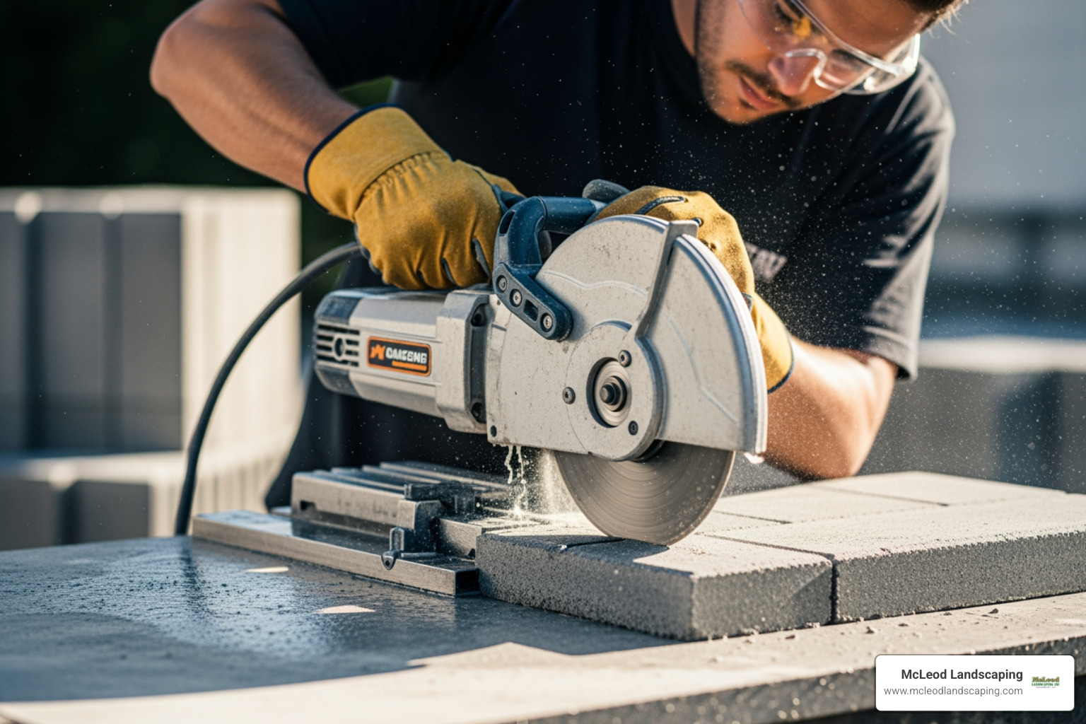 person cutting paver with wet saw - installing patio pavers