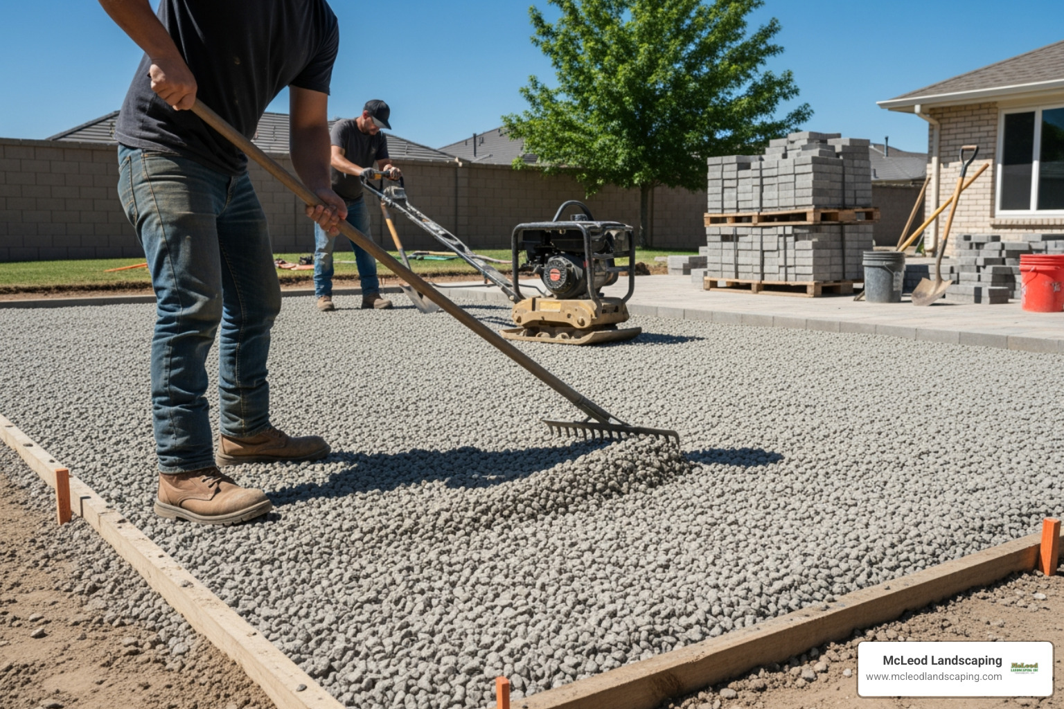 gravel being spread and compacted - installing patio pavers