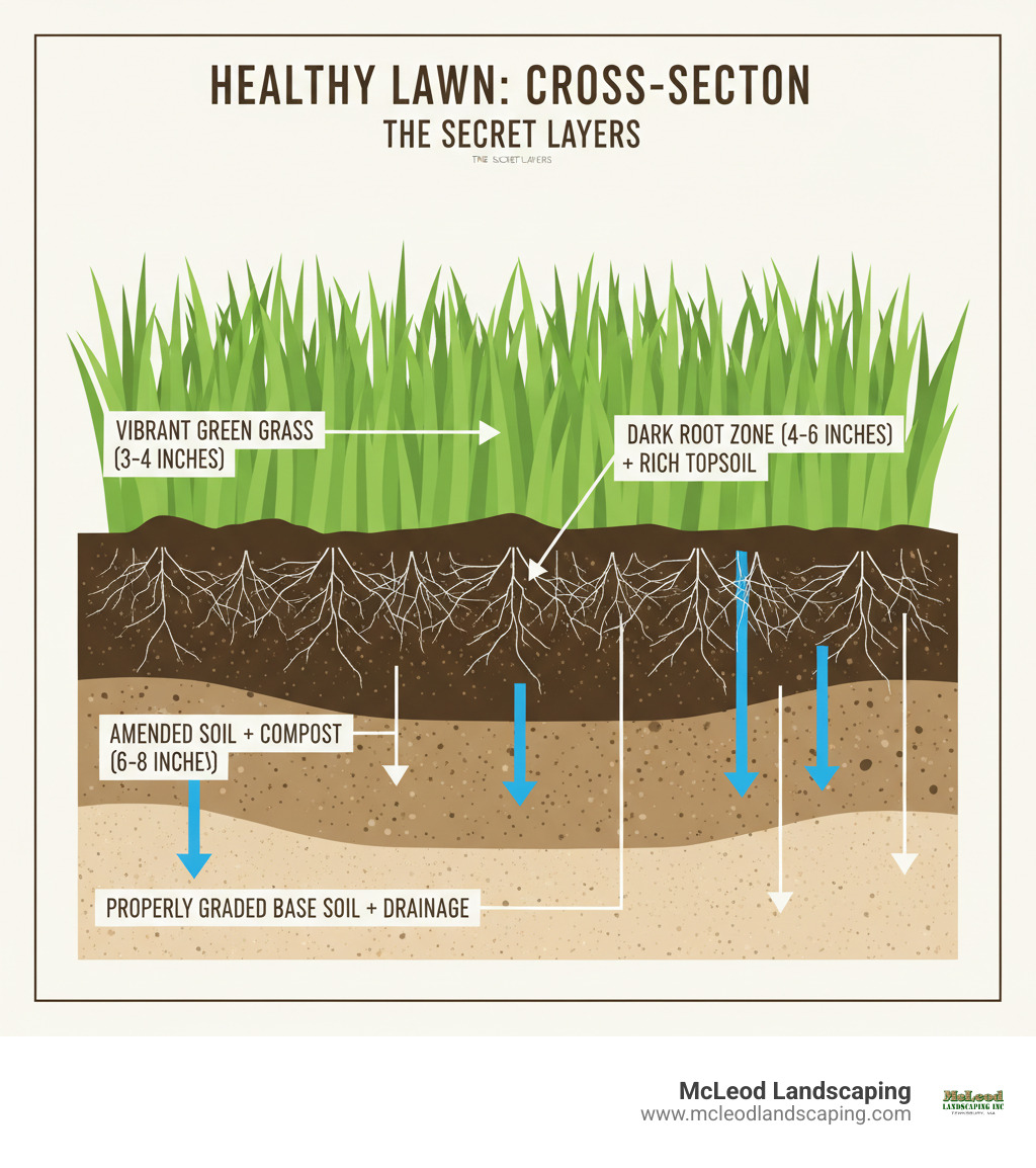 Infographic showing the cross-section of a healthy lawn with labeled layers: at the top, vibrant green grass blades (3-4 inches); below that, a thin brown thatch layer (less than half inch); next, a dark root zone showing grass roots extending 4-6 inches deep into rich topsoil; beneath that, amended soil mixed with compost (6-8 inches); and at the bottom, properly graded base soil with drainage consideration. Arrows indicate water movement and root penetration depth. - lawn layers near me infographic 