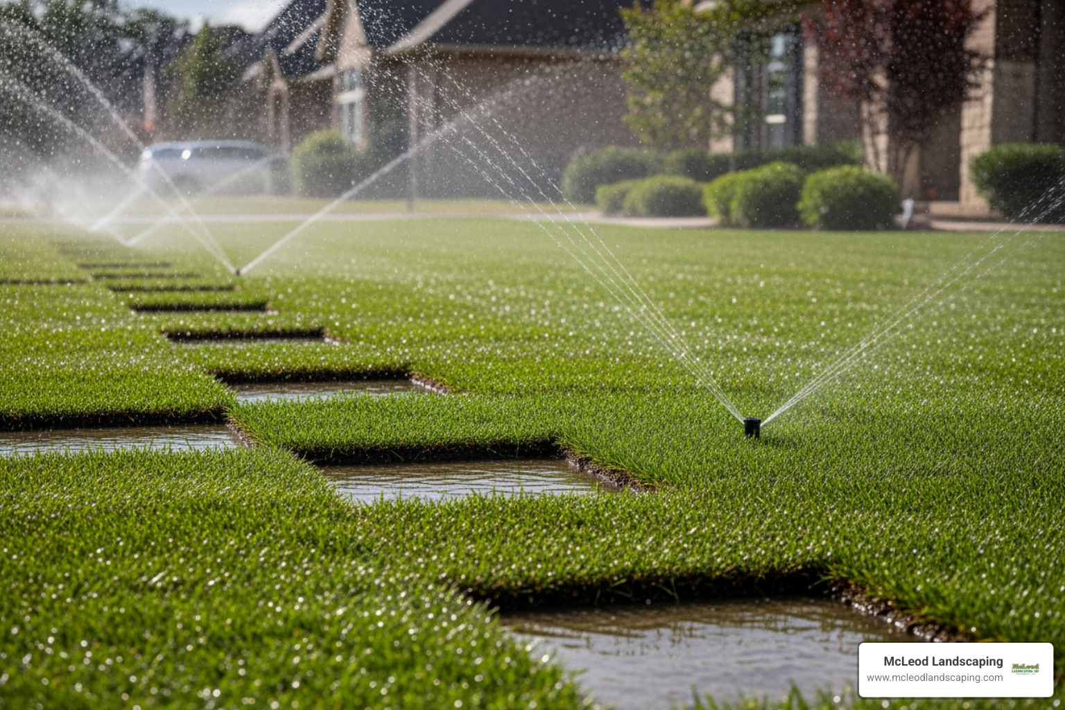 A newly installed sod lawn is being watered by an automatic sprinkler system, ensuring even and consistent moisture distribution. - lawn layers near me