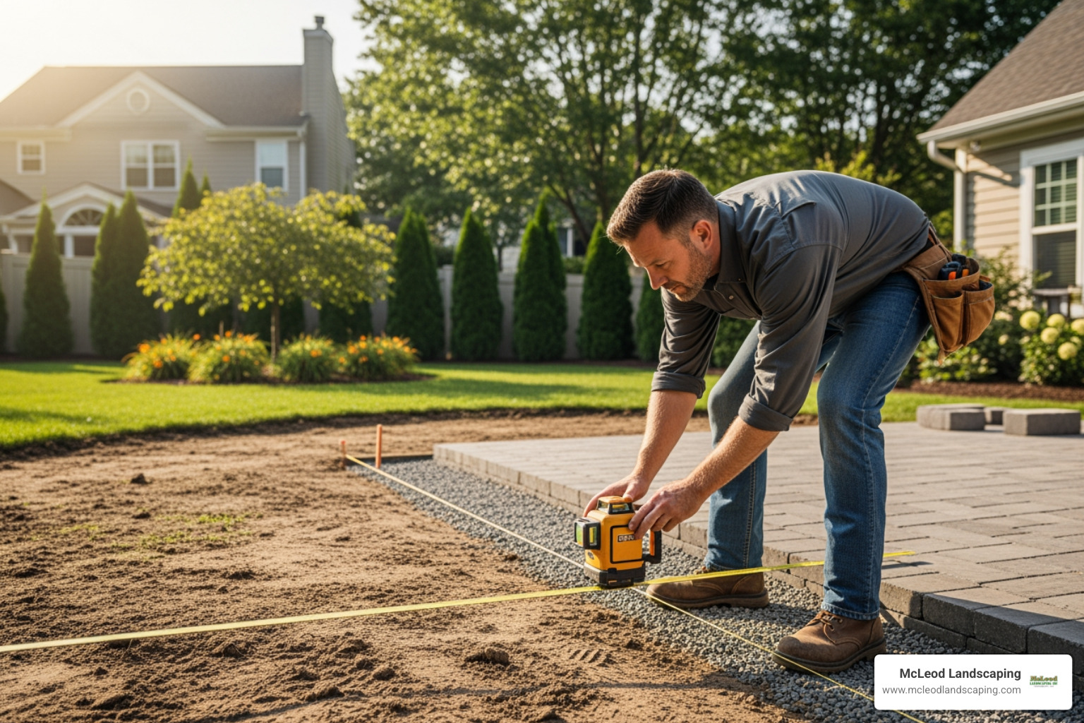 contractor measuring a site for a paver patio installation - paver patio cost installed